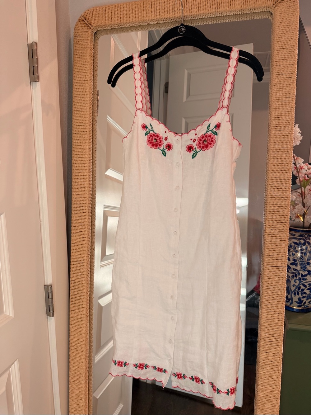 J. Crew White Sleeveless Embroidered linen Slip Dress with Pink Floral Trim
